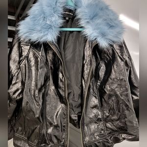 Faux fur Leather Blue collar jacket
